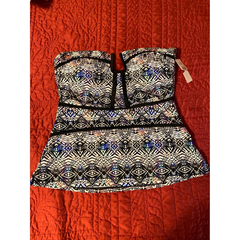 Island Escape Tribal Geometric Tankini Top Keyhole Halter Swimwear Blue Black 10